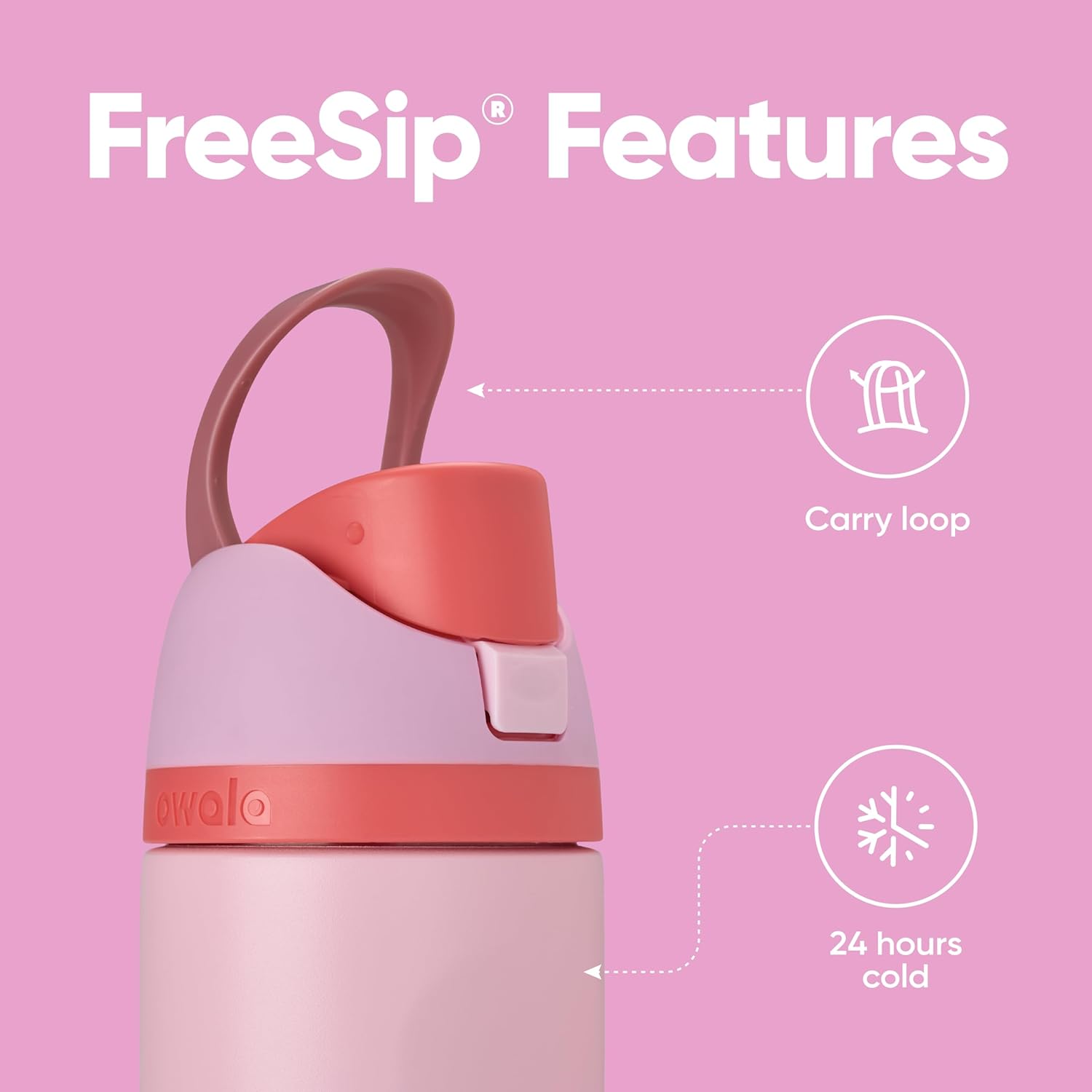 Owala FreeSip Insulated Stainless Steel Water Bottle with Straw for Sports and Travel, BPA-Free Sports Water Bottle, 24 oz, Pink, Angel Food Cake